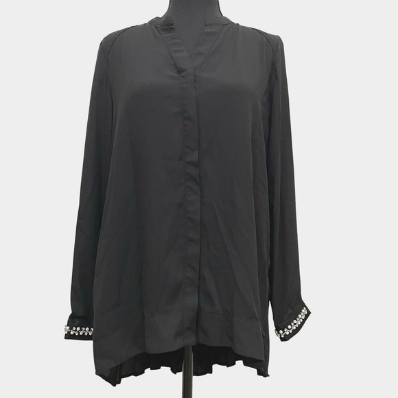 New Directions Button Up‎ Chiffon Shirt High Low Pleated Back Rhinestone Small - Picture 6 of 12